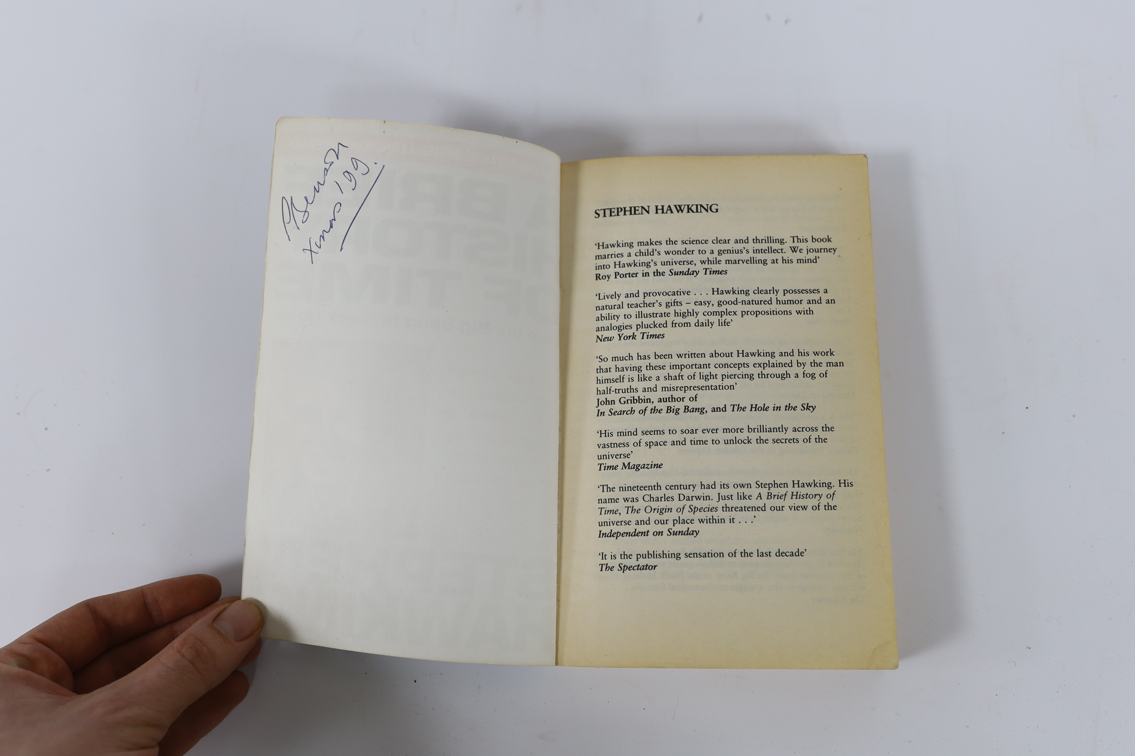 Stephen Hawking; A Brief History of Time, Bantam Books paperback edition, 1995, signed by Stephen Hawking with a thumb print